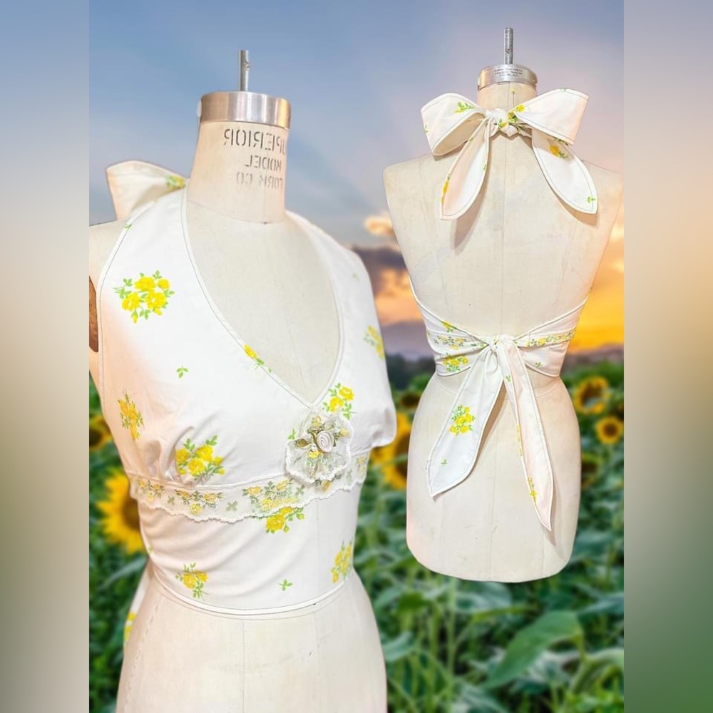 Yellow Floral Vintage Reproduction 1970’s Cropped Halter Top
